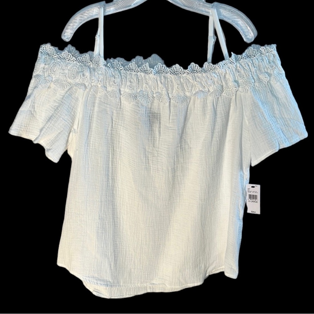 by & by off the shoulder white gauze and lace blouse size XL